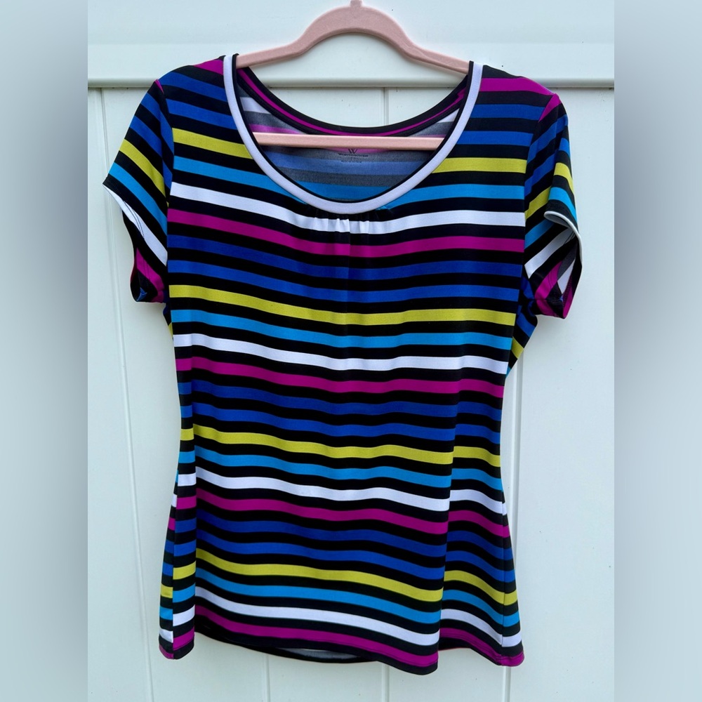 Worthington Brand Short Sleeve Colorful Striped Top.  Size Large.  NWOT.